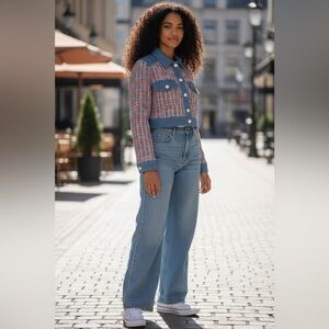 House of Harlow 1960 Red and Blue Tweed Jean Jacket
